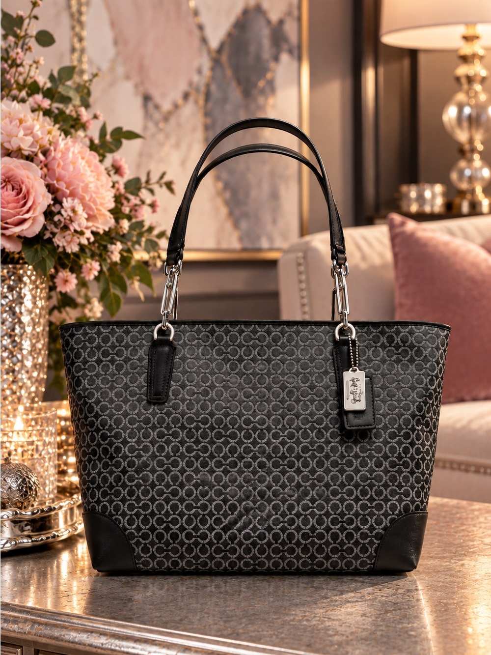 COACH Madison Op Art Needlepoint East/West Tote – Silver/Black